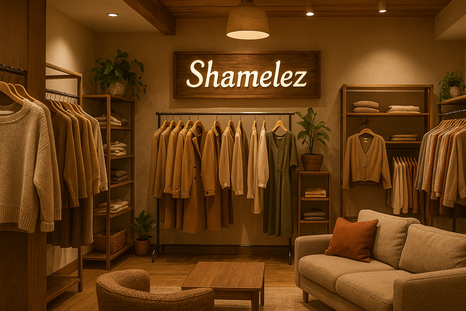 Kannst du ein Bild erstellen mit einem cozy vibe, ein Bild von einer kleidungsabteilung von einem cozy Geschäft bei dem „Shamelez“ drauf steht alles sehr cozy