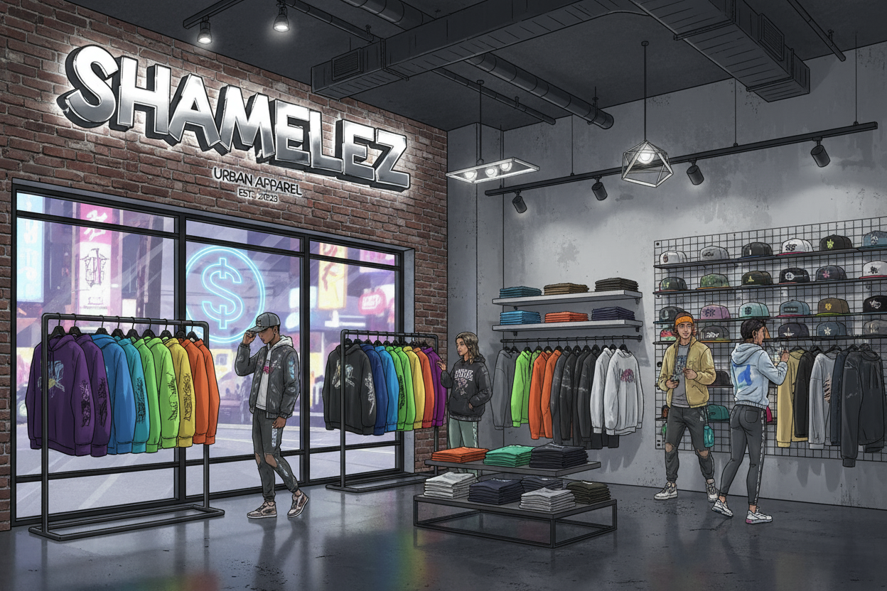 Ne das sind Sommer Strand Klamotten du musst ein Geschäft im urban style erstellen und es sollen hoodies Jeans Hosen cappies zu sehen sein und es soll im Poster Format sein und bitte auch nicht zu echt aussehen sondern eher animierter ( trotzdem realistisch aber nicht zu) 